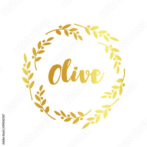 Olive label, golden ornamental border, vector illustration on white background.