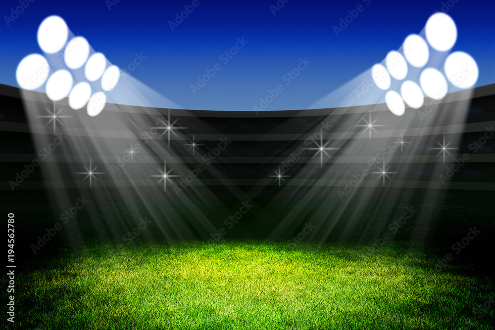 Naklejka premium Sport event celebration ceremony concept, light of spotlights on the green grass field of the stadium arena