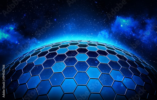 Global network security and data protection concept, spherical grid with hexagonal cells in deep blue space background