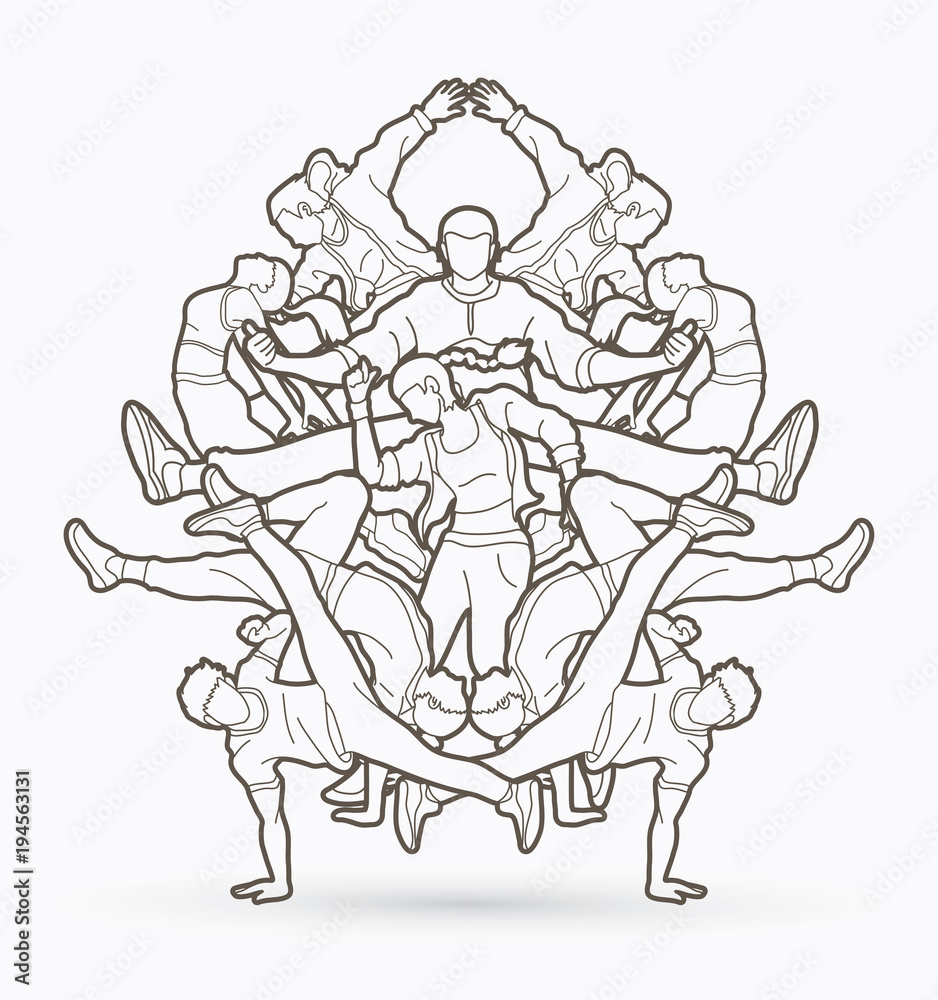 Group of people dancing, Hip hop, Street Dance, B Boy mix composition outline graphic vector. Group of people dancing, Hip hop, Street Dance, B Boy mix composition outline graphic vector.
