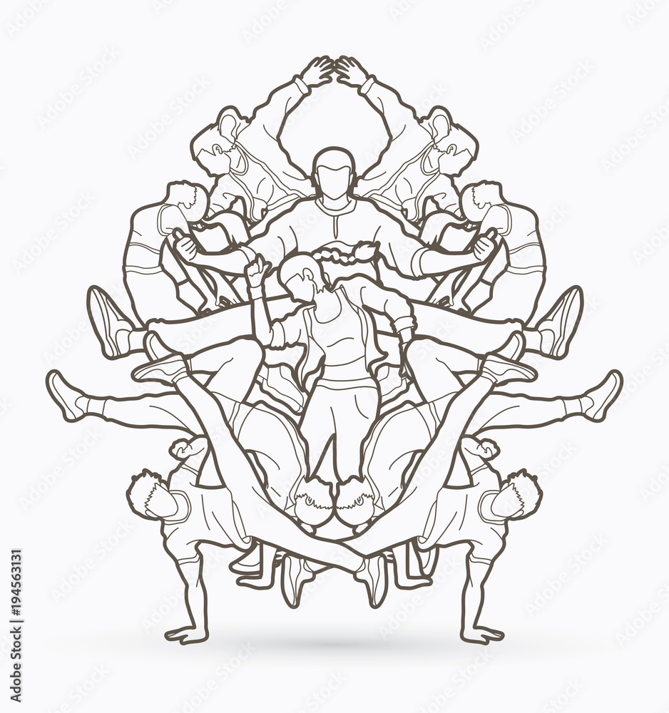 Group of people dancing, Hip hop, Street Dance, B Boy mix composition outline graphic vector.