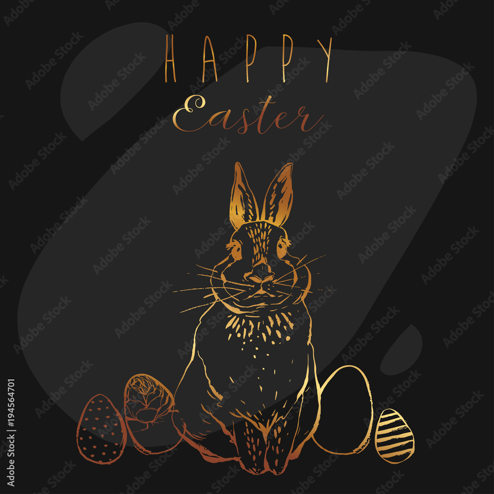 Hand drawn vector abstract funny poster with realistic rabbit,Easter eggs  and Happy Easter quotes in golden colors  bunnies   trendy rabbit  greetings Stock Vector |  Adobe Stock