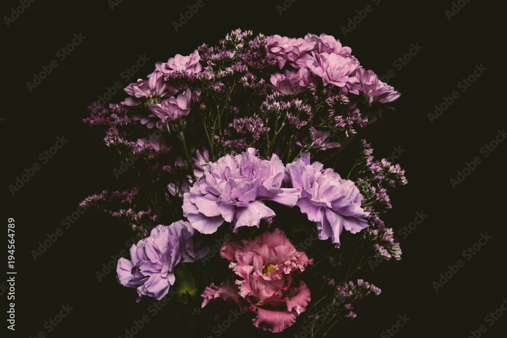 close-up view of beautiful tender pink and purple flowers isolated on black