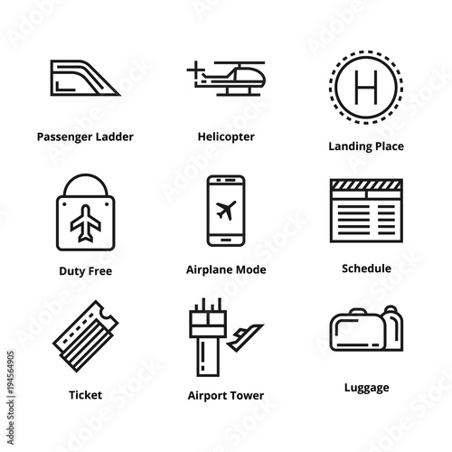 9 airport line icons.