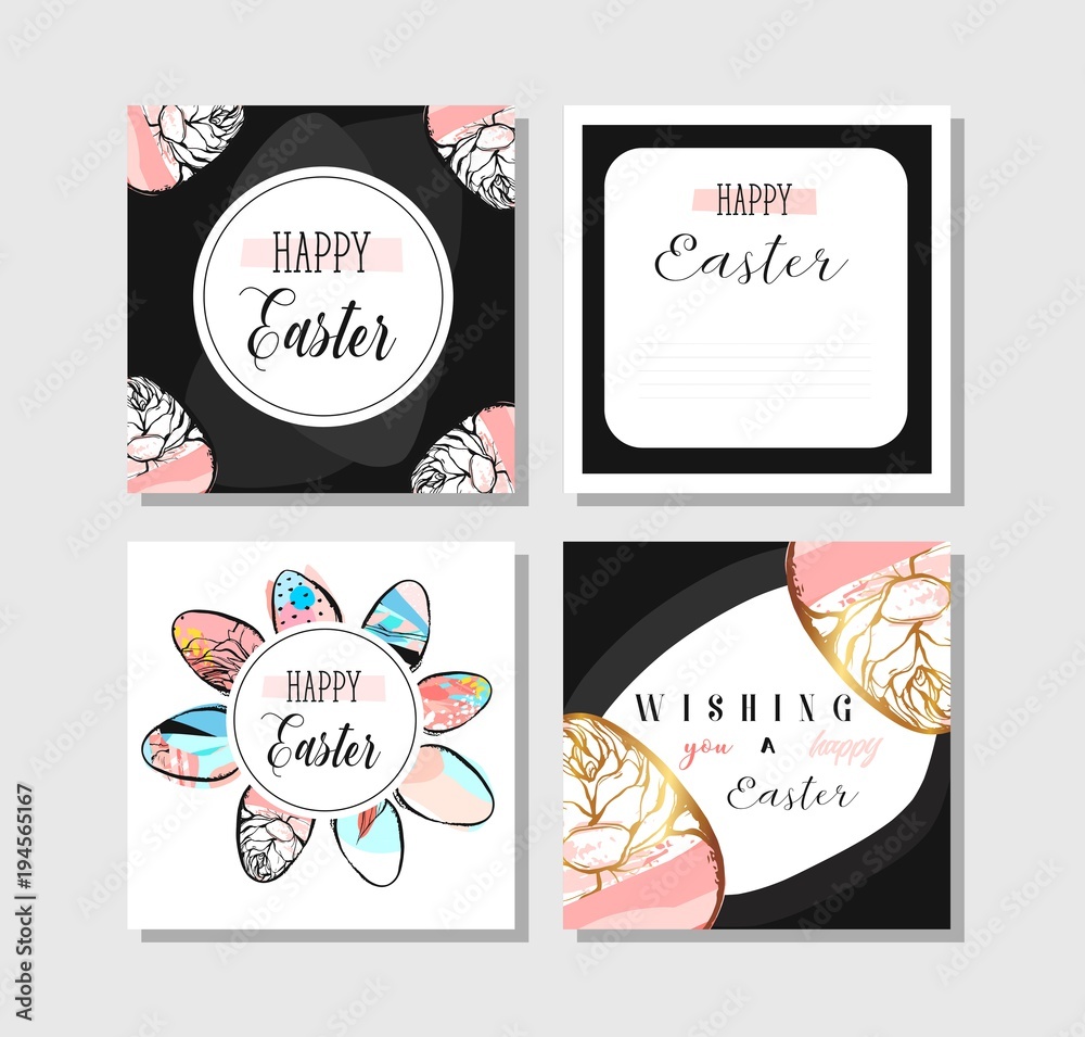Hand drawn vector abstract creative Easter greeting postcards collection set template with painted golden Easter eggs isolated on white background.Design for invitations,journaling,greetings,card