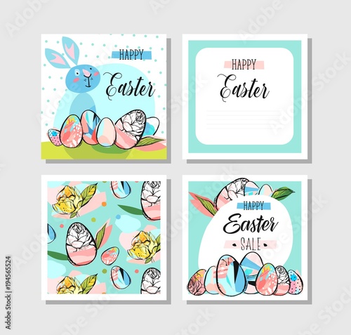 Hand drawn vector abstract creative Happy Easter greeting cards design collection set template with flowers,Easter eggs in pastel and blue mint colors isolated on white background.Sign,Sale