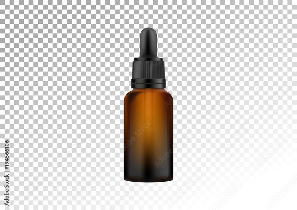 Vector realistic dark glass bottle with pipette for drops. Cosmetic vials for oil, liquid essential, collagen serum. Vector illustration isolated on white-transparent background. Vector realistic dark glass bottle with pipette for drops. Cosmetic vials for oil, liquid essential, collagen serum. Vector illustration isolated on white-transparent background.