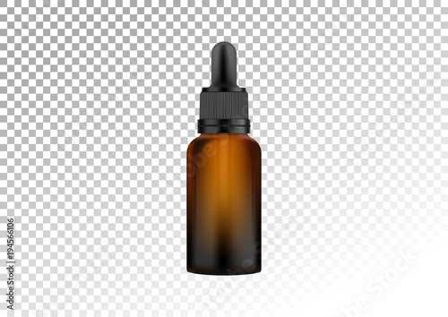 Vector realistic dark glass bottle with pipette for drops. Cosmetic vials for oil, liquid essential, collagen serum. Vector illustration isolated on white-transparent background.