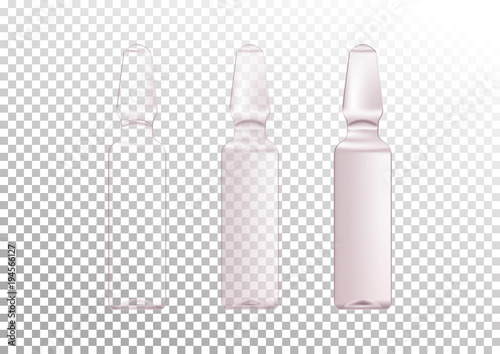 Vector realistic set of glass ampoules with different level of transparency. Cosmetic vials for oil, liquid essential, collagen serum. Vector illustration isolated on white-transparent background.