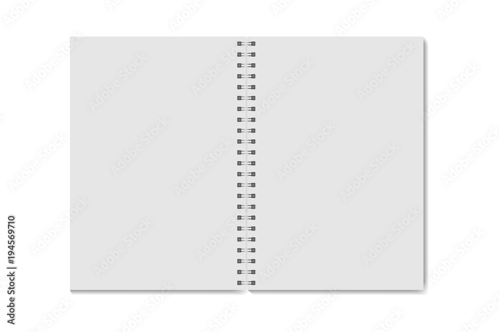 Realistic opened notebook template. Vector notepad mock up. Blanc vertical notebook with metallic spiral. Realistic open copybook clean page with shadow on spiral binder. AI10 Realistic opened notebook template. Vector notepad mock up. Blanc vertical notebook with metallic spiral. Realistic open copybook clean page with shadow on spiral binder. AI10