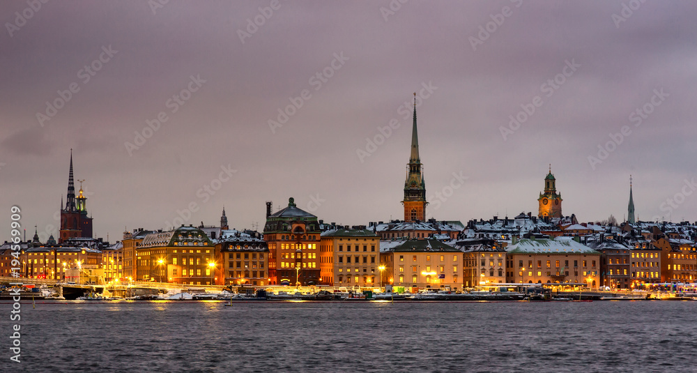 The historical center of Stockholm at dusk on an overcast evening