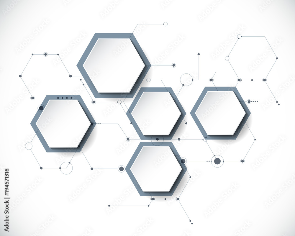 Vector molecule with 3D paper label, integrated Hexagon background. Blank space for content, business, infographic, diagram,digital network, flowchart. Social network connection technology concept - obrazy, fototapety, plakaty 