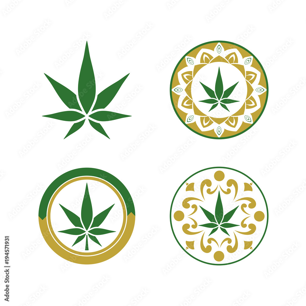 Cannabis green silhouette logo. Hemp set of emblems for the design of the packaging of goods, food, for the creation of printed products. Cannabis green silhouette logo. Hemp set of emblems for the design of the packaging of goods, food, for the creation of printed products.