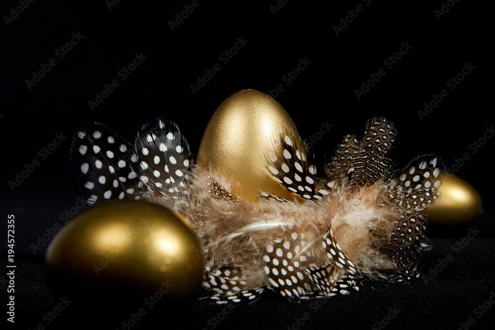  Creatively lit golden goose eggs in a real birds nest black background - obrazy, fototapety, plakaty 