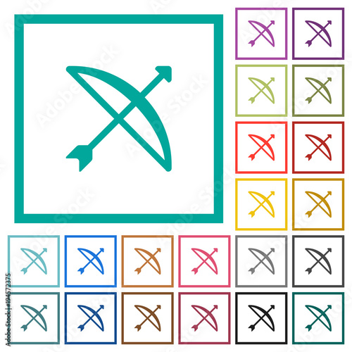 Bow with arrow flat color icons with quadrant frames