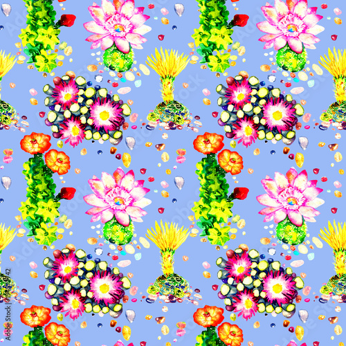Cactus with pink and yellow flowers, colorful stones, seamless pattern design, hand painted watercolor illustration, bright blue background
