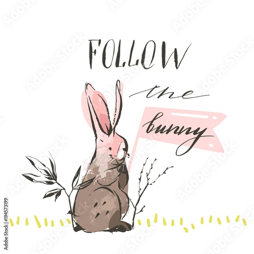 Hand drawn vector abstract graphic scandinavian collage Happy Easter cute simple bunny illustrations greeting card and handwritten modern calligraphy follow the bunny isolated on white background