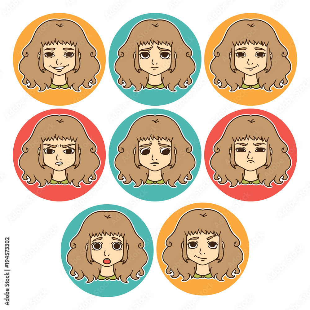 Obraz premium Set of woman's emotions. Facial expression. Girl Avatar. Isolated objects on white background. Vector illustration.