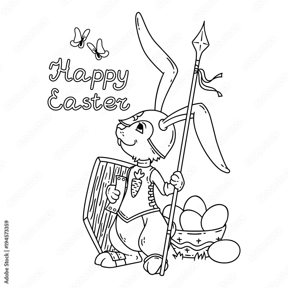 Bunny knight with a lance and shield. Vector illustration isolated on white background. Page for coloring book, greeting card, t-shirt, poster. Hand-drawn vector illustration. Black and white vector. Bunny knight with a lance and shield. Vector illustration isolated on white background. Page for coloring book, greeting card, t-shirt, poster. Hand-drawn vector illustration. Black and white vector.