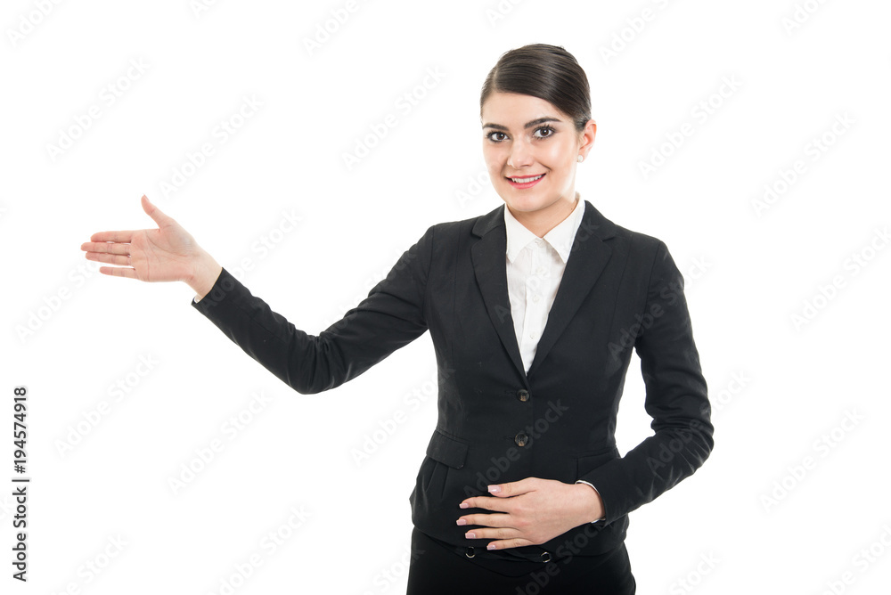 Portrait of beautiful stewardess gesturing emergency exit Portrait of beautiful stewardess gesturing emergency exit