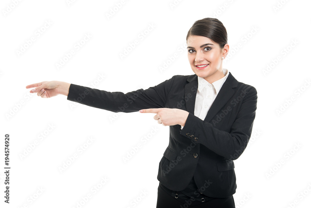 Portrait of beautiful stewardess showing emergency exit Portrait of beautiful stewardess showing emergency exit