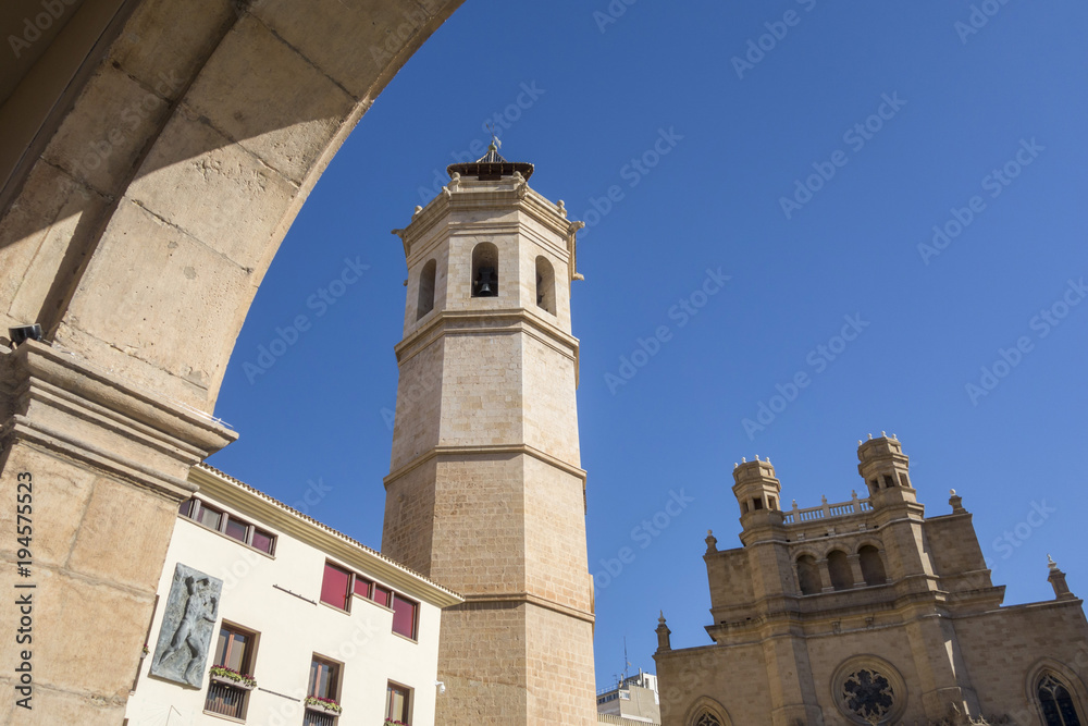  Bell tower and Co-cathedral of Saint Mary in Plaza mayor,Main square.Castellon,Spain.