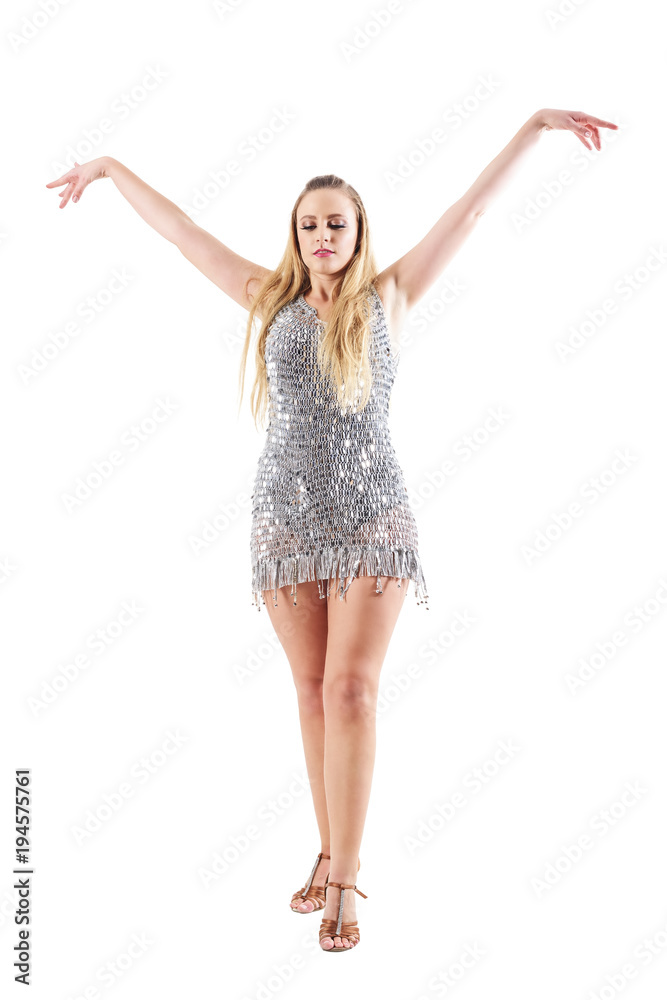 Graceful blonde female dancer with raised outstretched arms choreography posture. Full body length portrait isolated on white studio background. Graceful blonde female dancer with raised outstretched arms choreography posture. Full body length portrait isolated on white studio background.