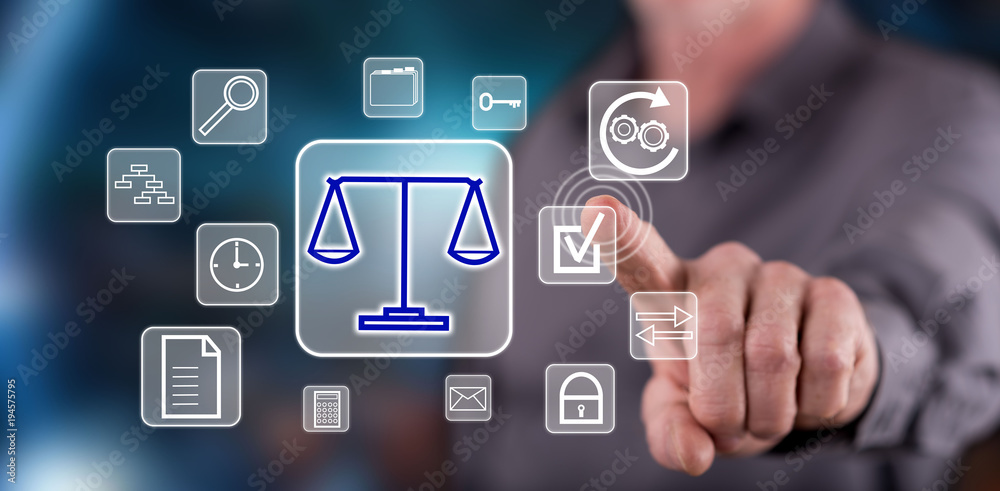 Man touching a business compliance on a touch screen Man touching a business compliance on a touch screen