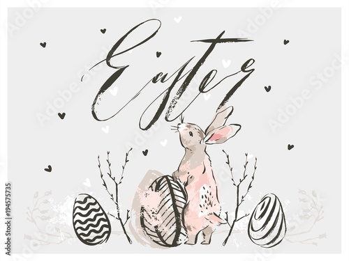 Hand drawn vector abstract modern graphic scandinavian collage Happy Easter cute simple bunny,eggs illustrations greeting card and Easter handwritten calligraphy isolated on grey background