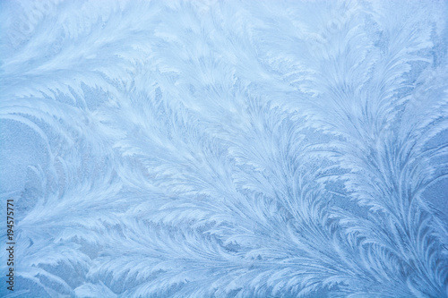 Winter frosty blue patterns on the glass
