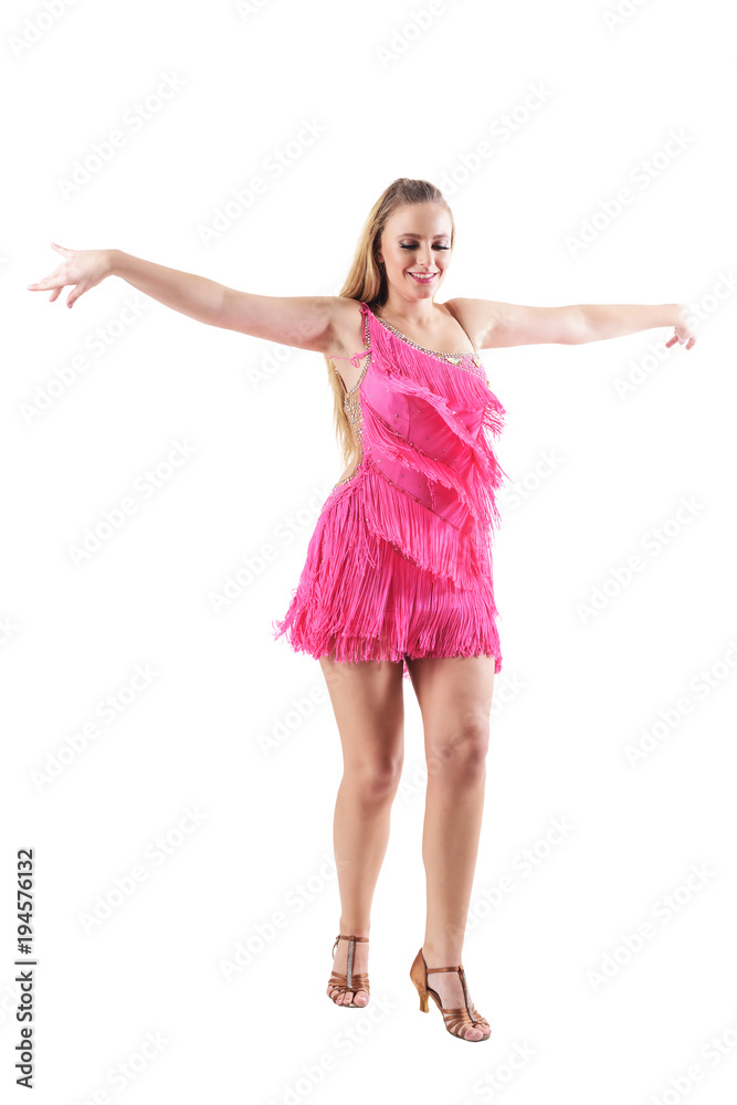 Happy smiling professional dancer in pink costume with outstretched arms pose. Full body length portrait isolated on white studio background. Happy smiling professional dancer in pink costume with outstretched arms pose. Full body length portrait isolated on white studio background.