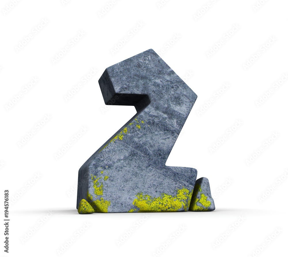 Fototapeta premium Stone numeral 2, 3d model on isolated white background with grey granite and moss texture