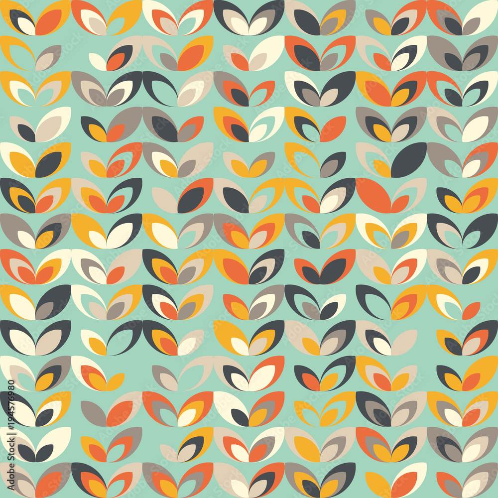 Midcentury geometric retro background. Vintage brown, orange and teal colors. Seamless floral mod pattern, vector illustration. Abstract retro geometric midcentury 60s 70s background. Retro wallpaper.