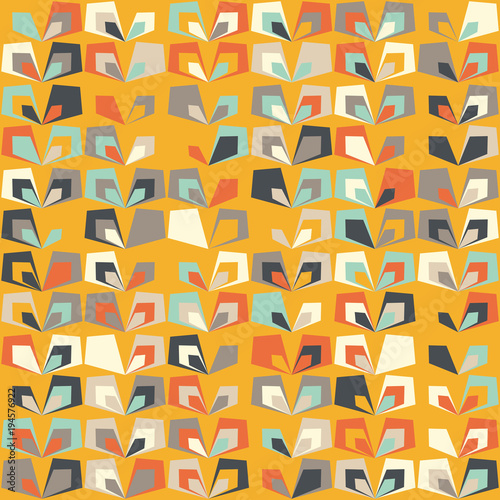 Midcentury geometric retro background. Vintage brown, orange and teal colors. Seamless floral mod pattern, vector illustration. Abstract retro geometric midcentury 60s 70s background. Retro wallpaper.