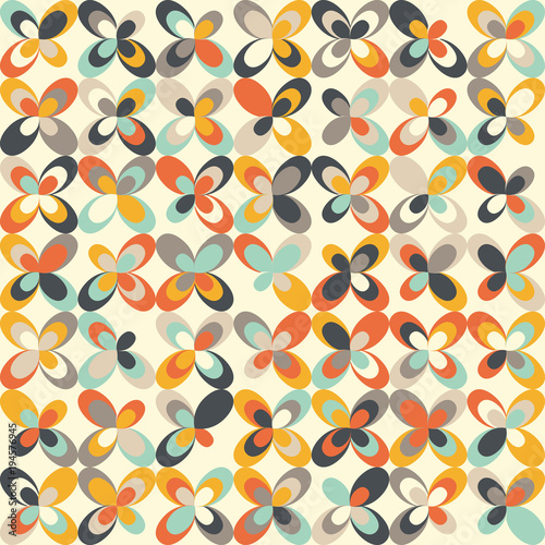 Midcentury geometric retro background. Vintage brown, orange and teal colors. Seamless floral mod pattern, vector illustration. Abstract retro geometric midcentury 60s 70s background. Retro wallpaper.