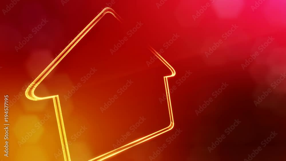 icon of house. Background made of glow particles as vitrtual hologram. 3D seamless animation with depth of field, bokeh and copy space.. Red color V1 icon of house. Background made of glow particles as vitrtual hologram. 3D seamless animation with depth of field, bokeh and copy space.. Red color V1