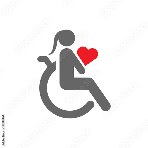 Disabled woman in wheelchair holding red heart in her hands. International Day of Persons with Disabilities. Vector icon.