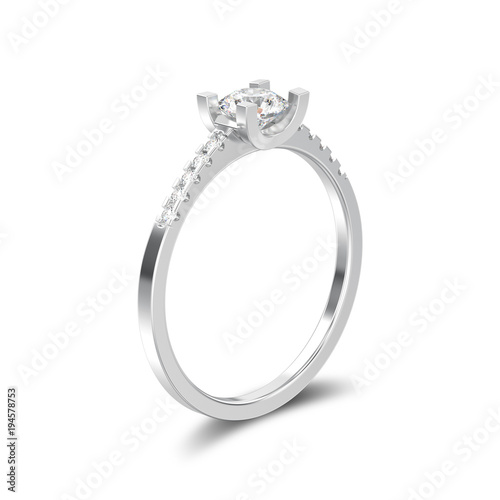 3D illustration isolated white gold or silver engagement round cut shape ring with diamond with shadow