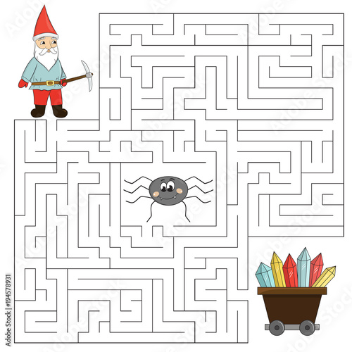 Educational maze game for children. Help the dwarf find way to crystals, beware of the spider. Vector illustration