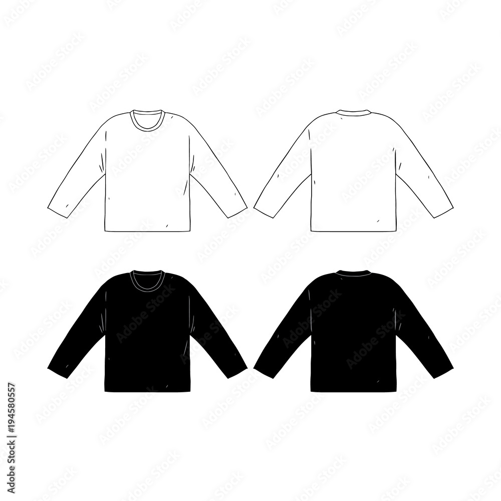 Hand drawn vector illustration of blank long sleeve t-shirts template.Front  and back shirt sides. White and black shirt on white background. Stock  Vector | Adobe Stock