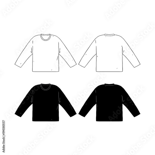 Hand drawn vector illustration of blank long sleeve t-shirts template.Front and back shirt sides. White and black shirt on white background.