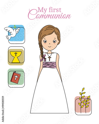 my first communion girl.pretty girl with communion dress and religious icons