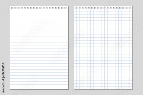 Set of two realistic vector illustration of blank sheets of square and lined paper from a block isolated on a gray background