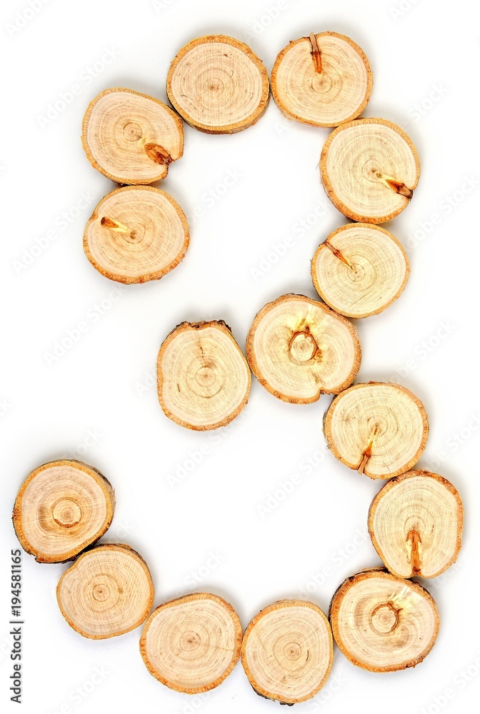 Number made of wood slice on a white background. 3 Number made of wood slice on a white background. 3