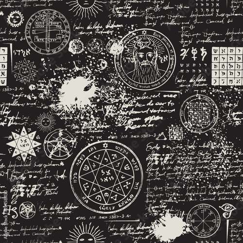 Vector texture, seamless background on the theme of old manuscript with occult lyrics and symbols. Medieval papyrus with blots and spots in retro style photo
