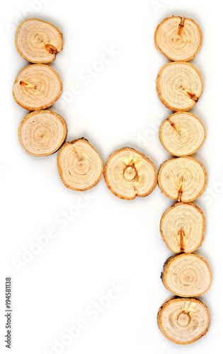 Number made of wood slice on a white background. 4