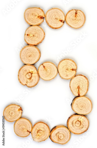 Number made of wood slice on a white background. 5