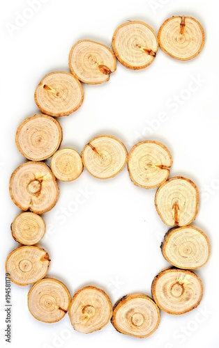 Number made of wood slice on a white background. 6