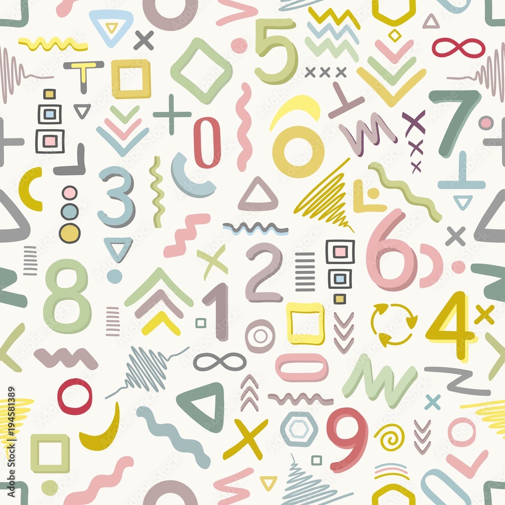 Seamless geometric pattern in memphis style with colorful numbers Seamless geometric pattern in memphis style with colorful numbers