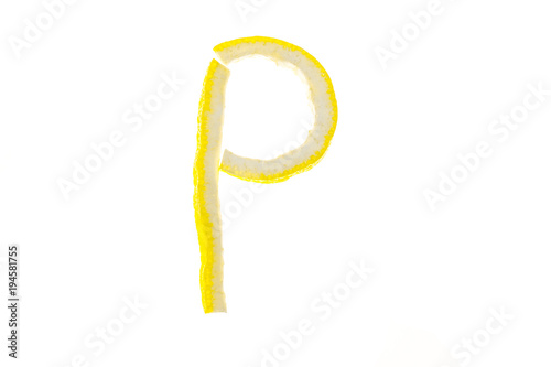 Letters of english alphabet from citron of lemon isolated on white background. P